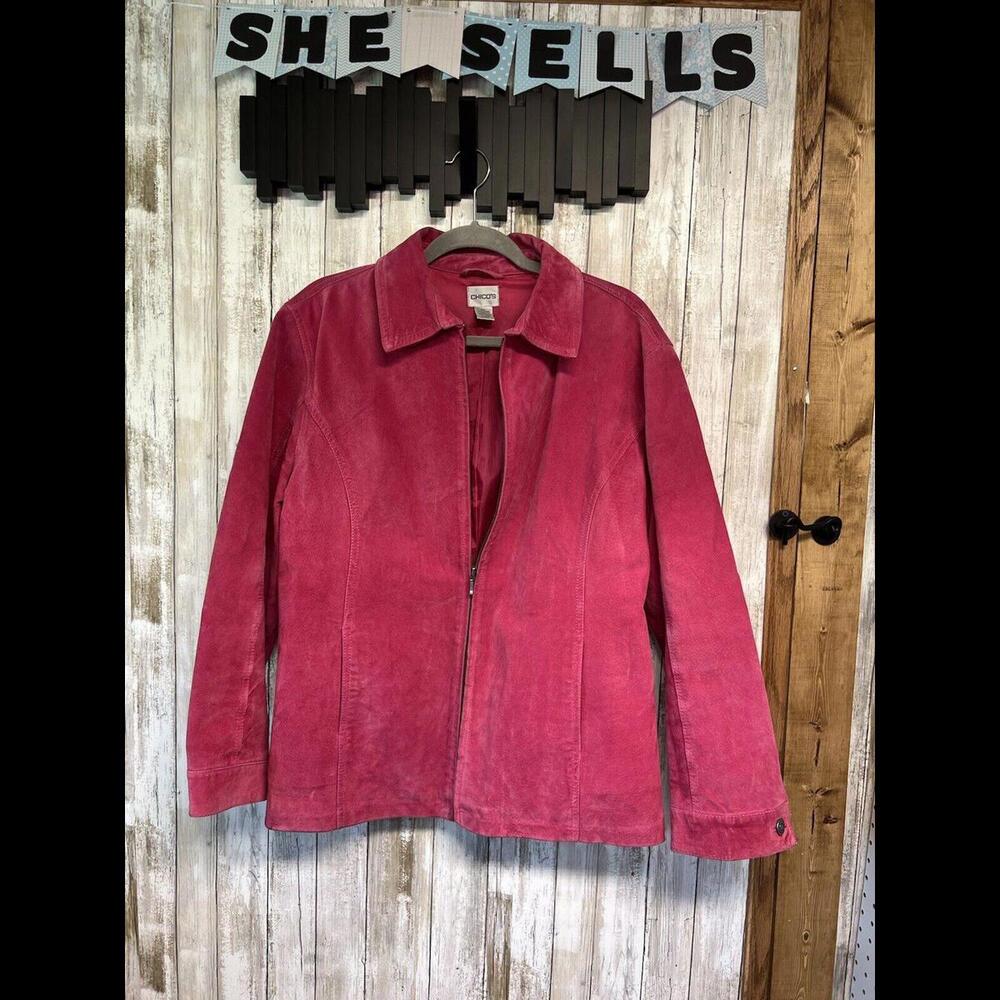 Chico’s Leather Suede Jacket Size 3 Womens XLPink Full Zip‎ Genuine Leather